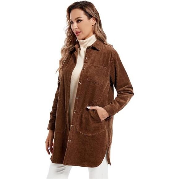 Women's Corduroy Shirt Coats Long Sleeve Button Down Blouses Tops with Pockets - Picture 6 of 7